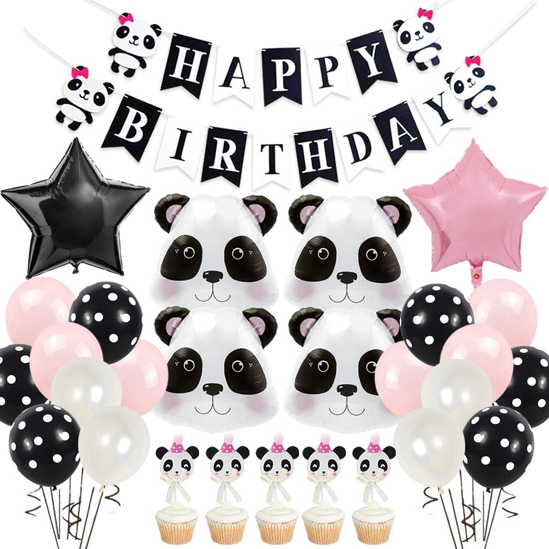 JOYMEMO Panda Birthday Party Supplies for Girls, Panda Head Foil Balloons Cake Toppers Pink Happy Birthday Banner for Baby Shower Birthday Decorations
