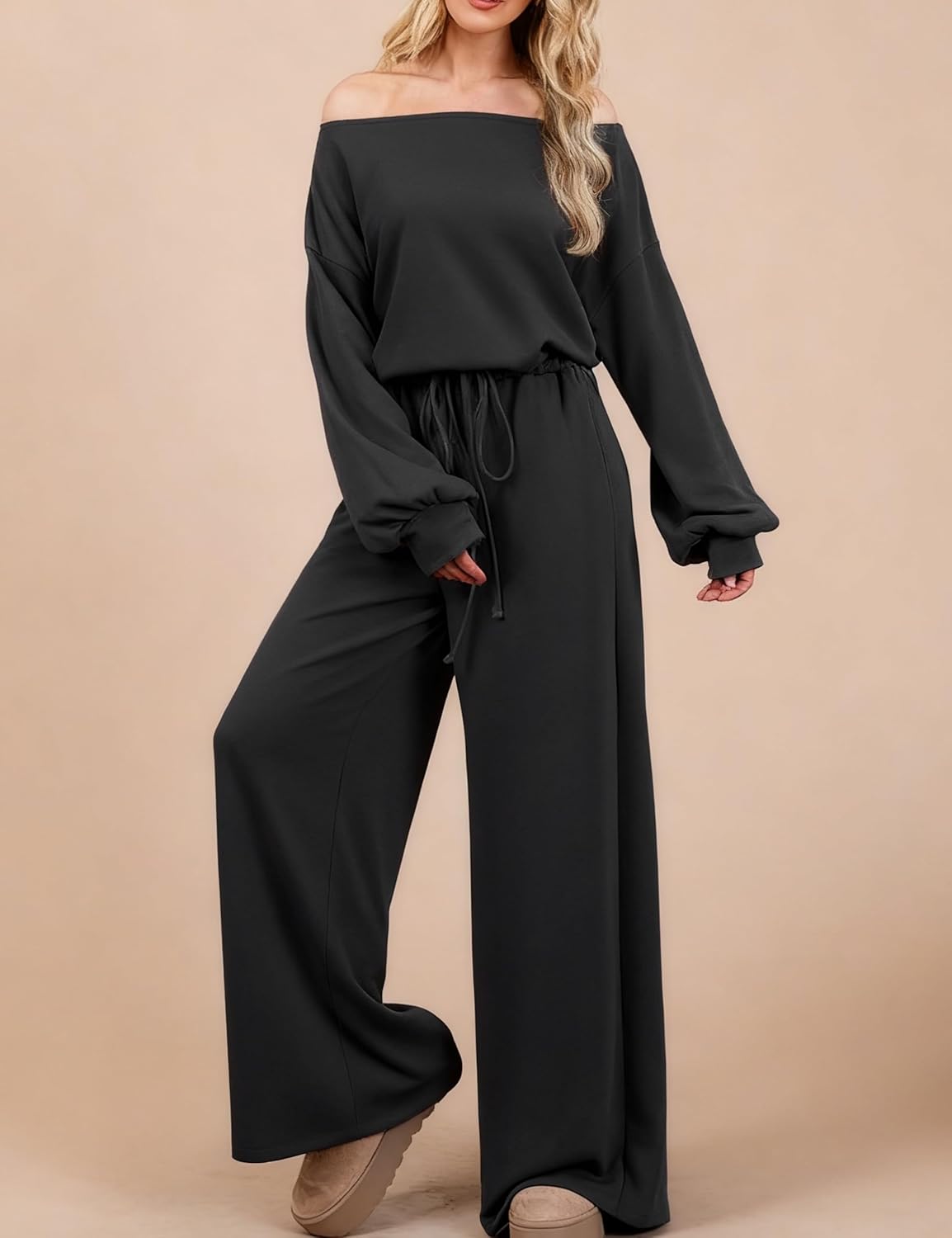 Women's Long Sleeve Jumpsuits Casual Boat Neck Wide Leg Rompers Elastic Waist Drawstring Long Pants Overalls - Image 6