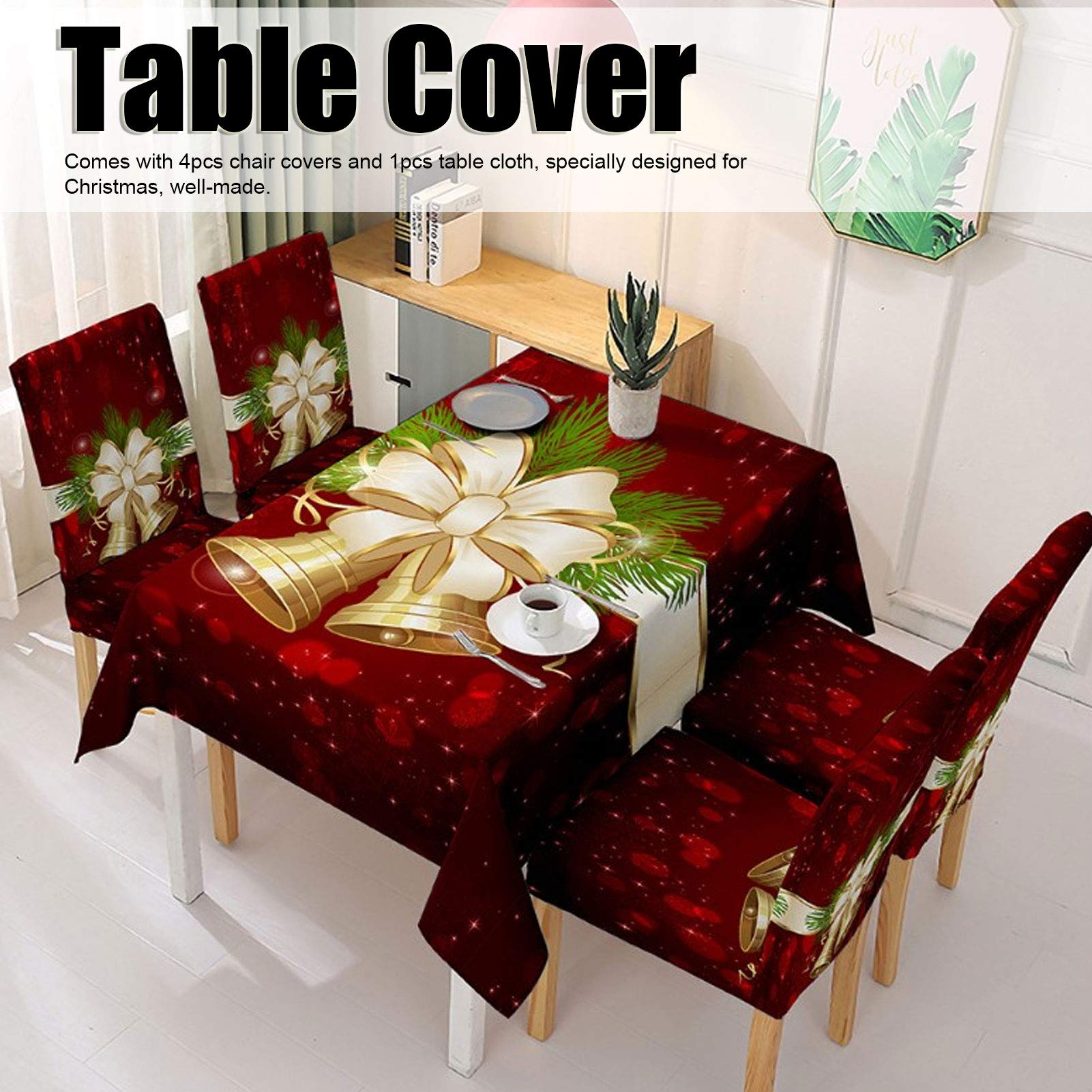 Paquete de 4 Fundas Navideñas para Sillas de Comedor con Mantel, Fundas Traseras Navideñas para Sillas de Regalo para Navidad, Vacaciones, Casa, Bar, Restaurante(140x140cm-estilo Campana)