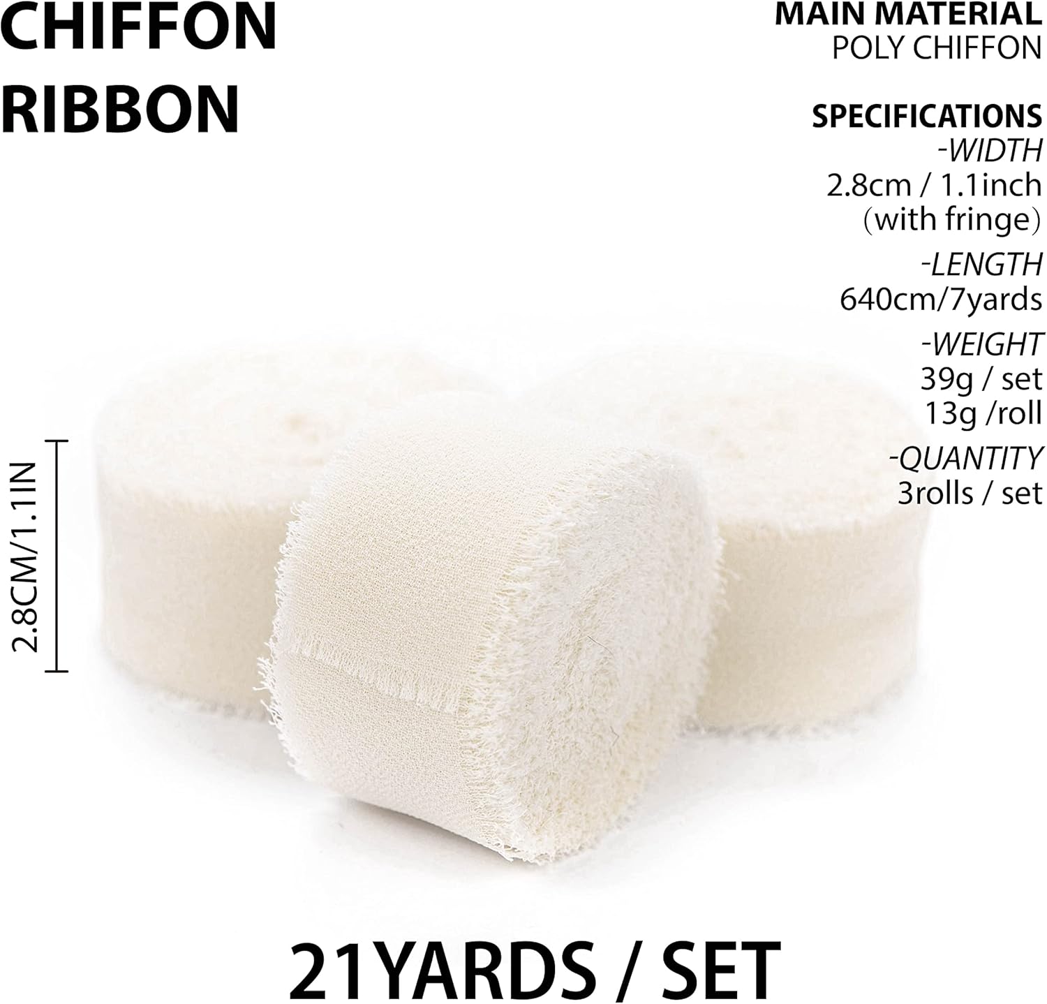 Vitalizart Ivory White Chiffon Silk Ribbon 1" x 21Yd Fringe Fabric Eco-Friendly Package (3 Rolls *7Yd) for Wedding Invitations, Bridal Bouquets, Decorations, Gifts Wrapping & Bow Making