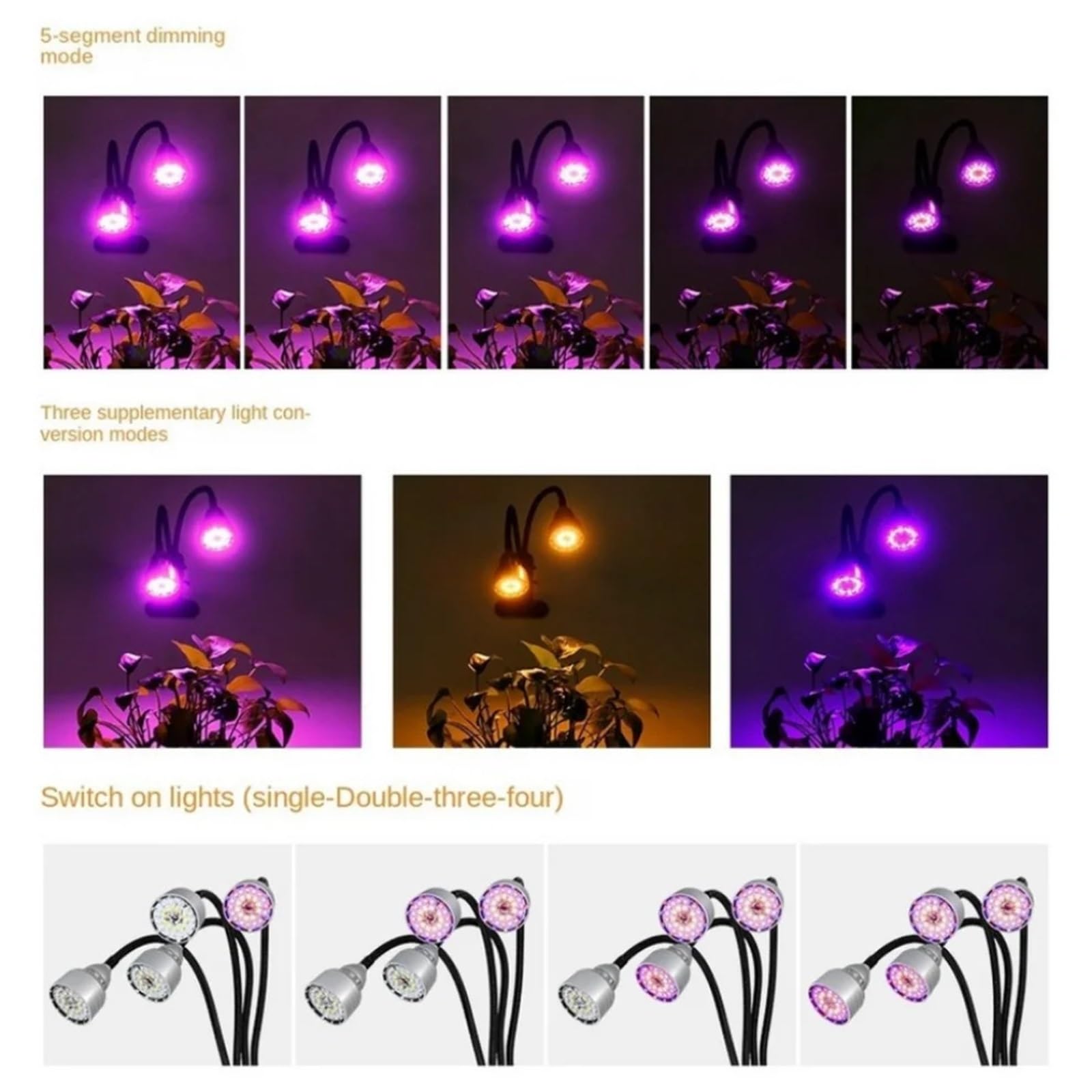 Lampada LED for la crescita a spettro completo 5V USB con staffa for piante da interno, fiori, piantine, tenda VEG, lampada fito,Risparmio energetico(2 head)