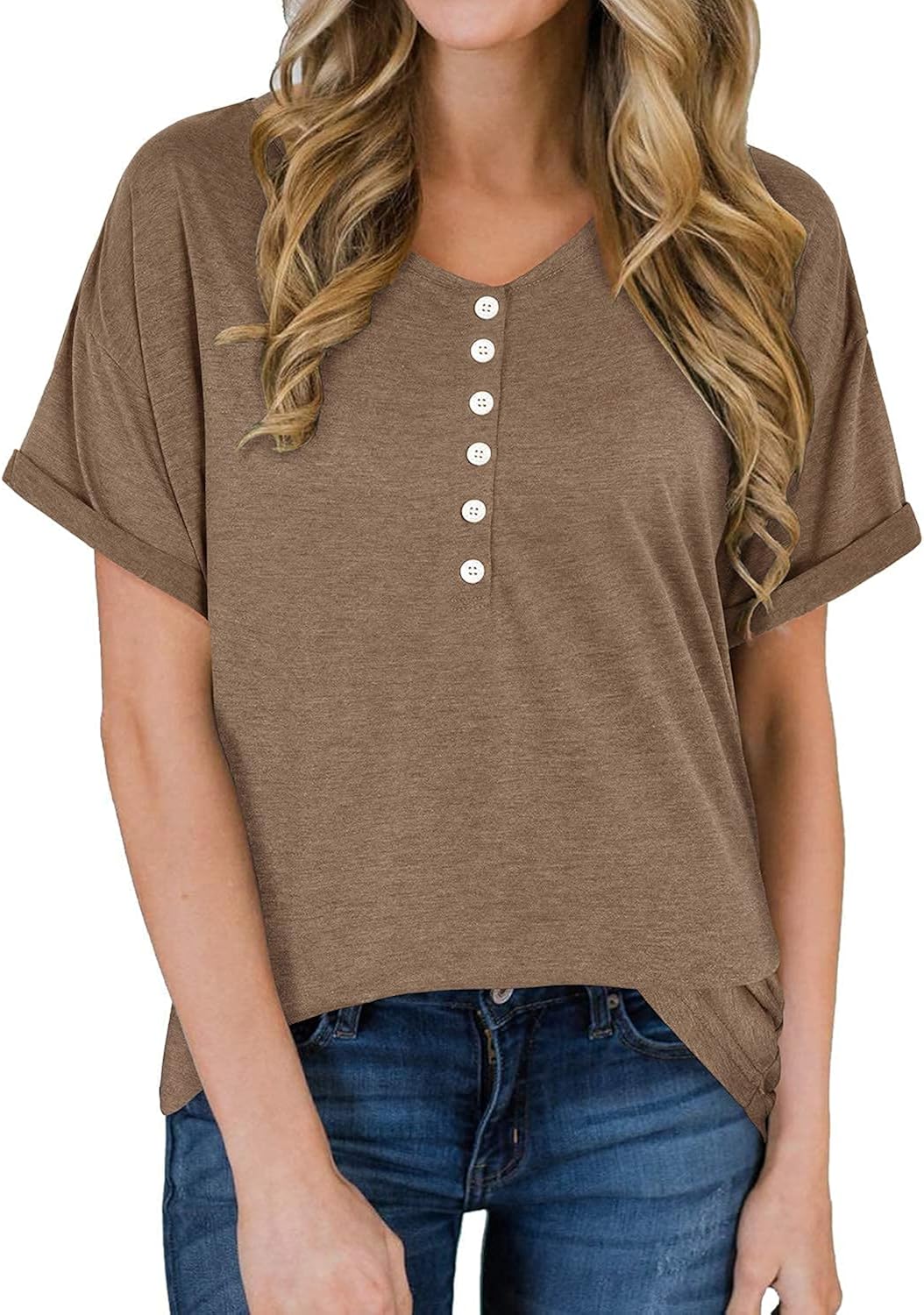 ULTRANICE Womens Short/Long Sleeve T Shirts V-Neck Button Tops Casual Loose Henley Blouse