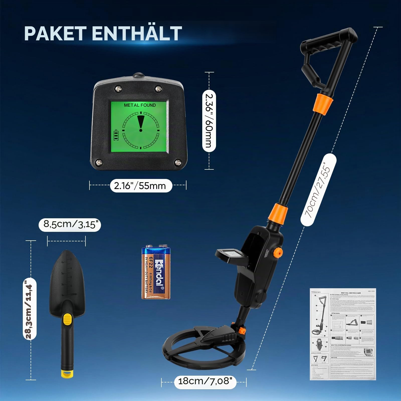 Metalldetektor für Kinder, IP68 wasserdichte und Leichte Metalldetektoren mit LCD und Schallanzeige, Hohe Empfindlichkeit Kinder Metalldetektor mit Schaufel für Schatzsuche (Schwarz)