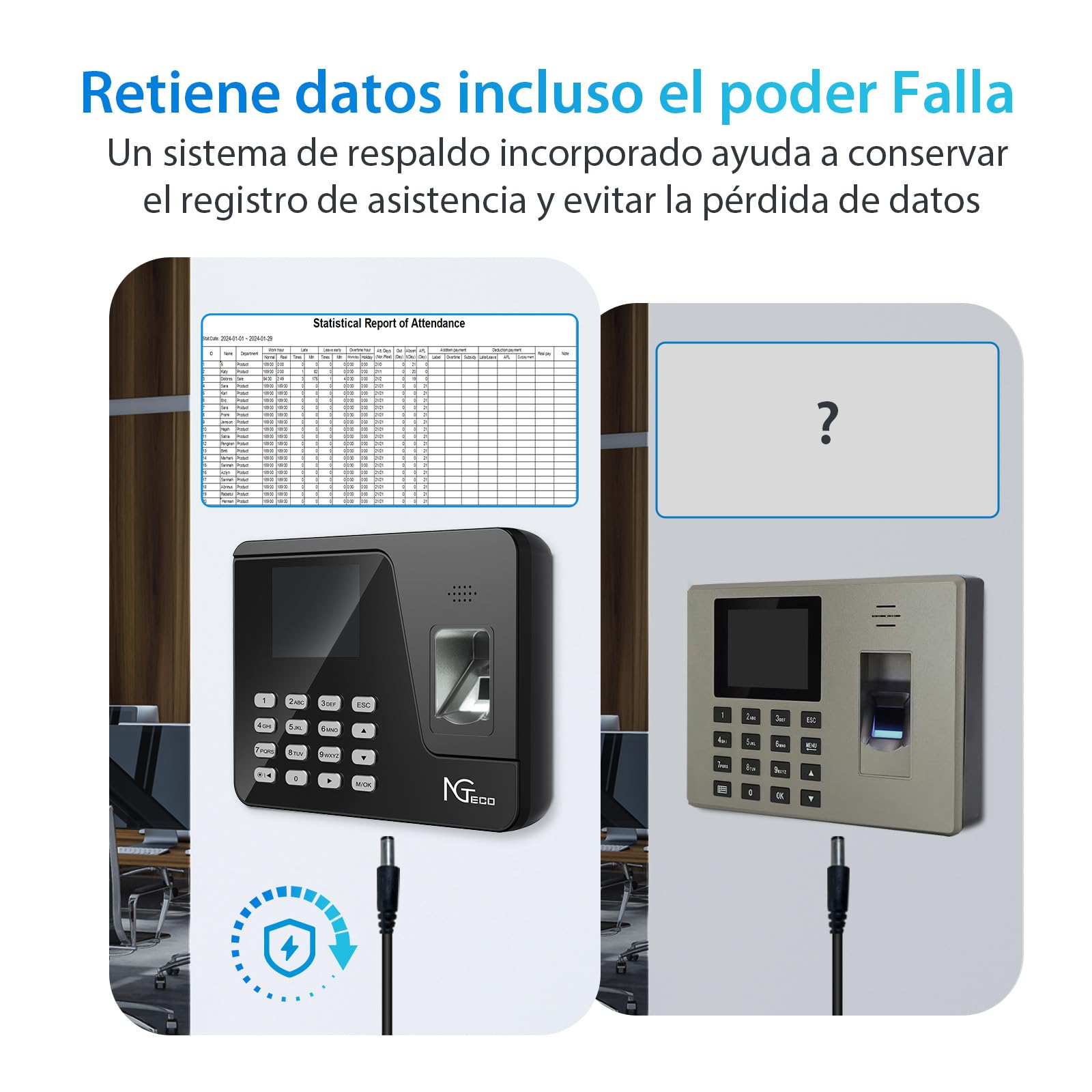 NGTeco Control Horario Empleados con Instalación Sencilla para Pequeñas Empresas en España, Funciona sin Internet, Cálculo Automático y Reloj Fichar con Huella AS10 (Sin Cuota Mensual)