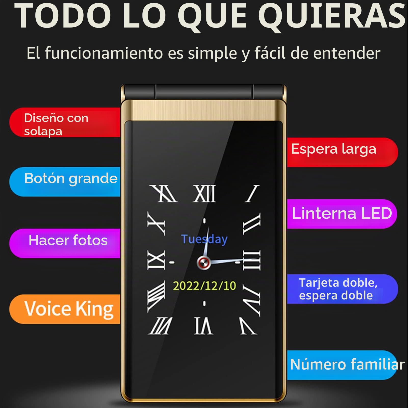Cuifati Teléfono Celular con Tapa 2G Desbloqueado, 3 en Pantalla Grande Dual y Teléfono con Botones para Personas Mayores, SIM Dual y Batería Grande de 5900 MAh 2023 Actualizar Teléfono (Oro)
