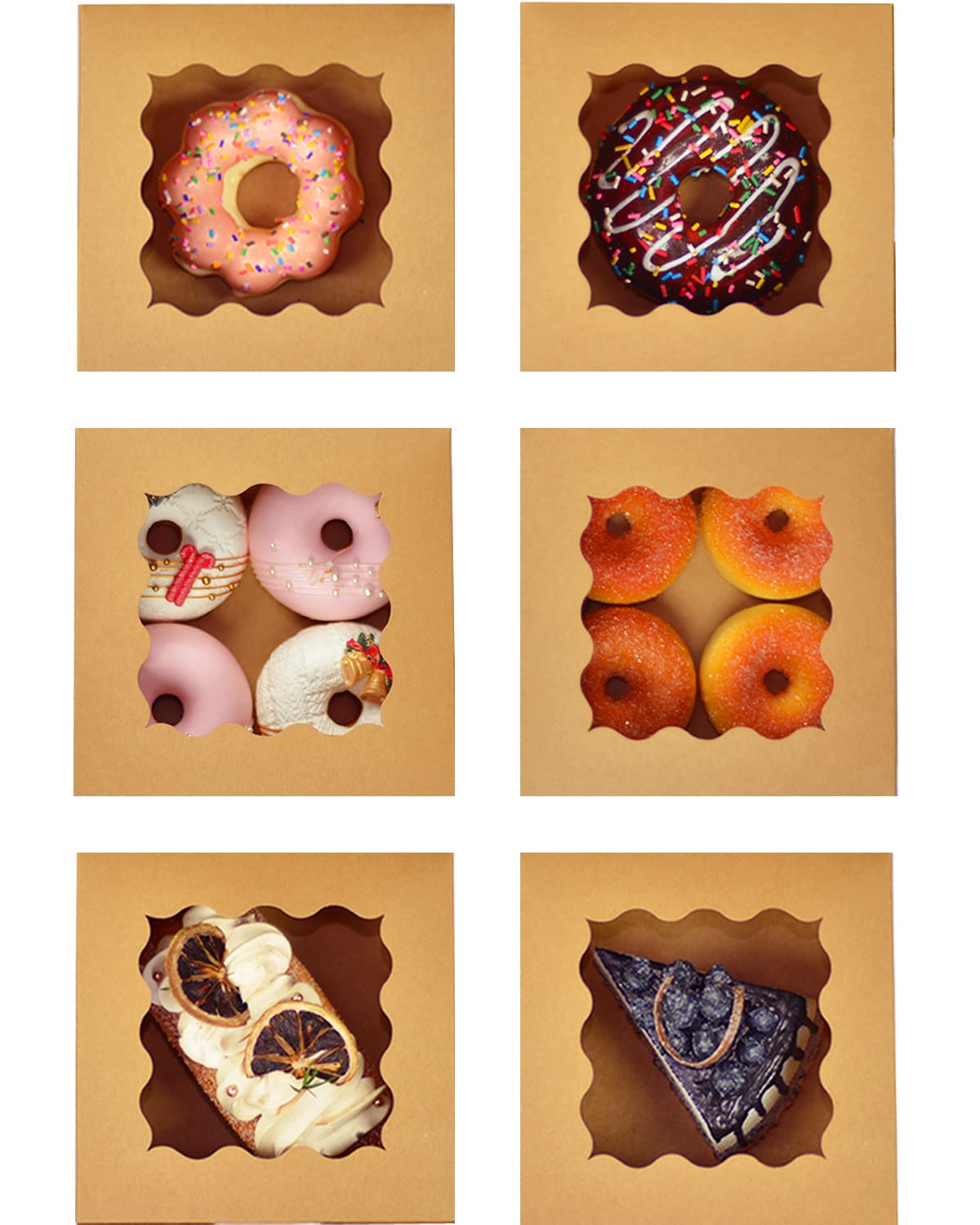 60 cajas de panadería Kraft con ventana de 6 x 6 x 3 pulgadas gruesas y resistentes cajas de pastelería macarrones para panadería