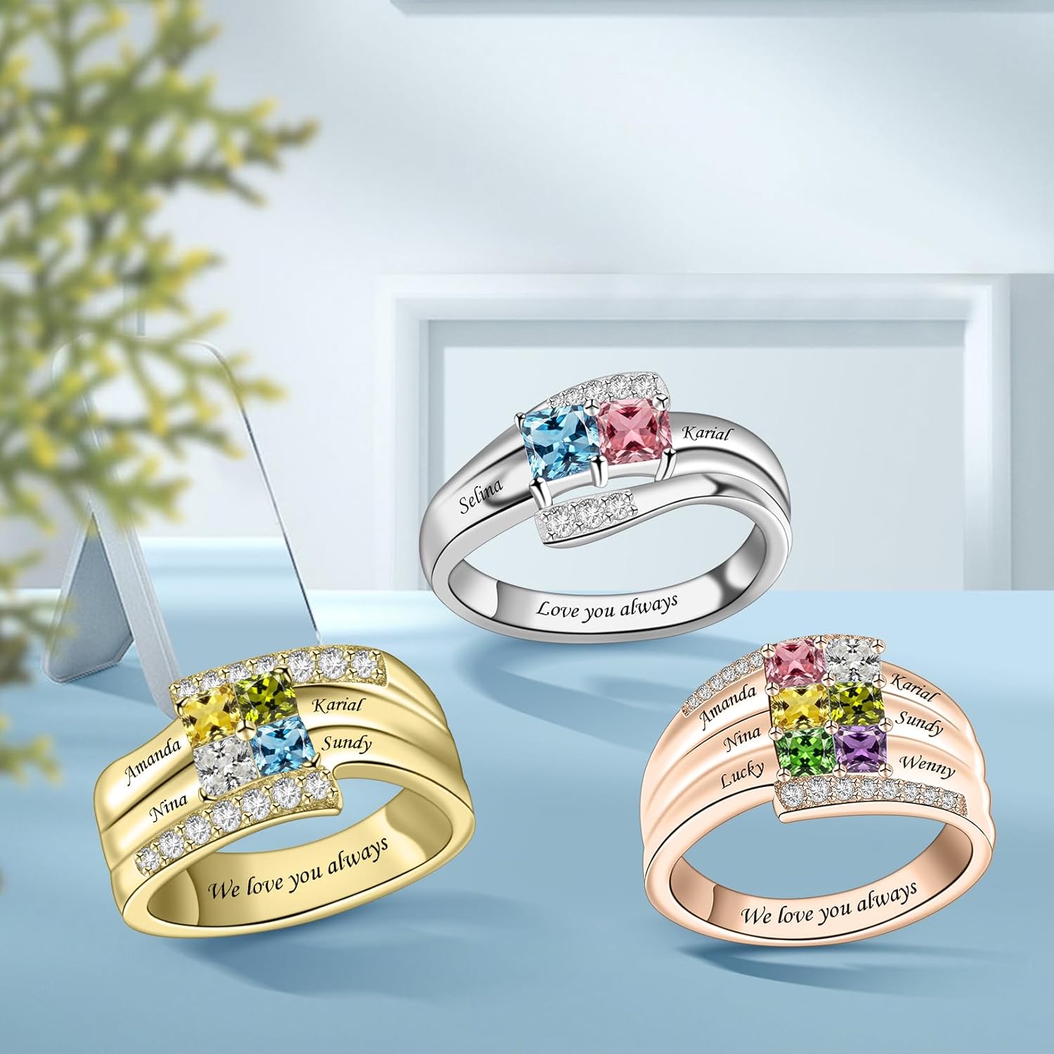 MissNaNa Personalized Mother Rings Birthstone Ring Customized Ring with 1-9 Name Rings Birthday Christmas Gift for Women