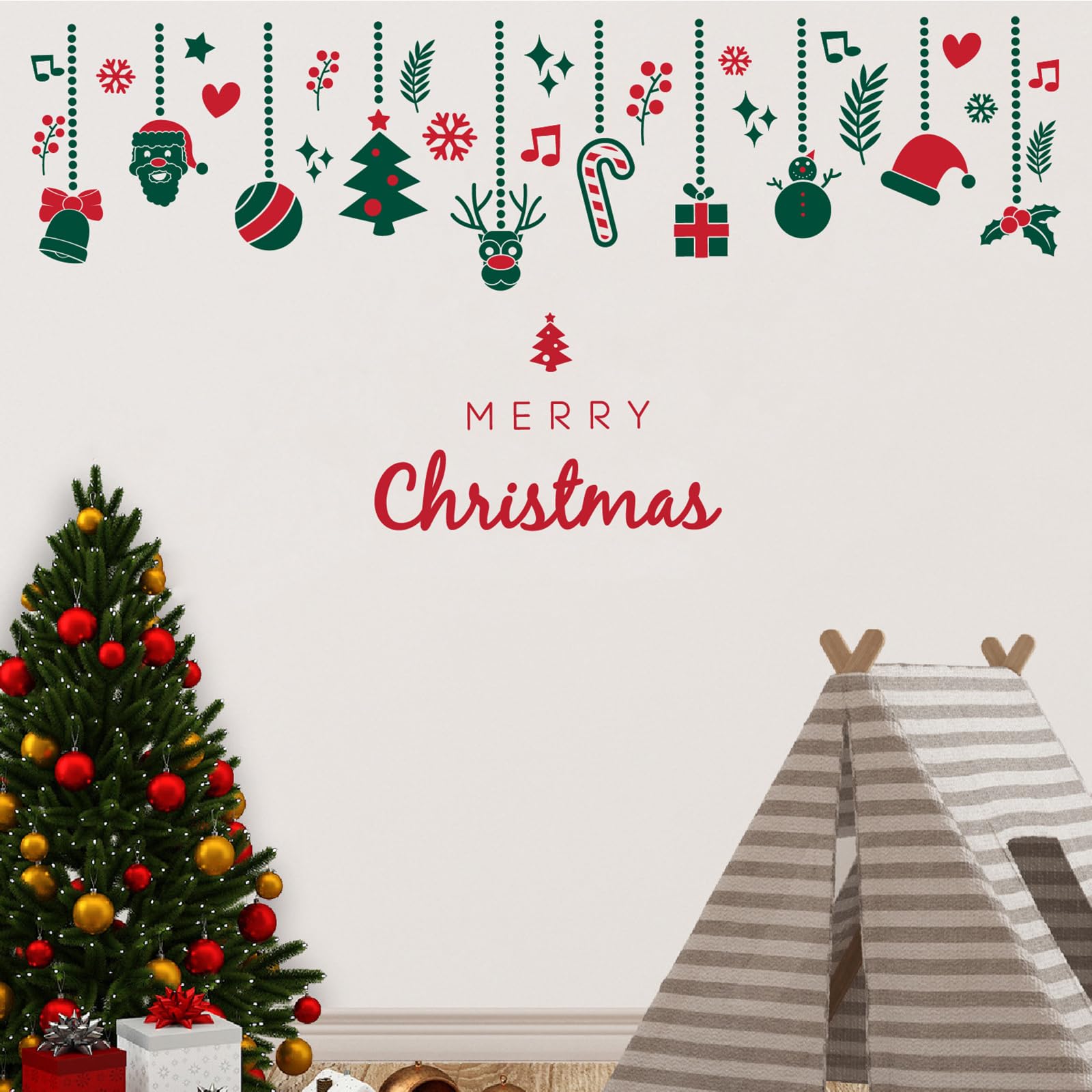 Christmas Wall Decals Peel and Stick, Removable Hanging Ornaments & Holiday Decorations with Santa, Reindeer, Christmas Tree - Image 4
