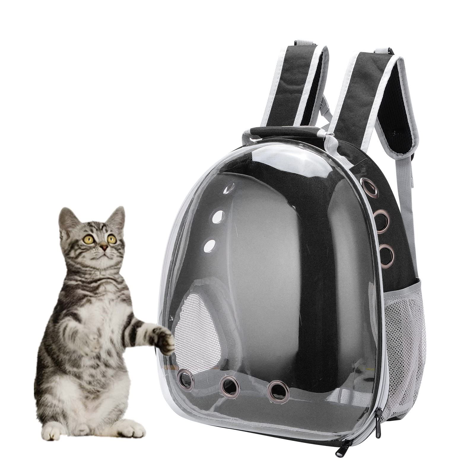 EMUKOEP Zaino Trasparente a per Gatti per Animali Domestici con Ampi Fori di Ventilazione e Tracolla Che Assorbe il Sudore per un Facile Trasporto (Versione aggiornata nera)