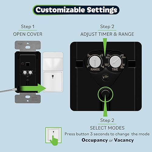Miniatura 5 de TOPGREENER Interruptor de sensor de movimiento, sensor PIR con nivel de luz ambiental,   , cable de tierra requerido, modos de ocupación y vacancia,