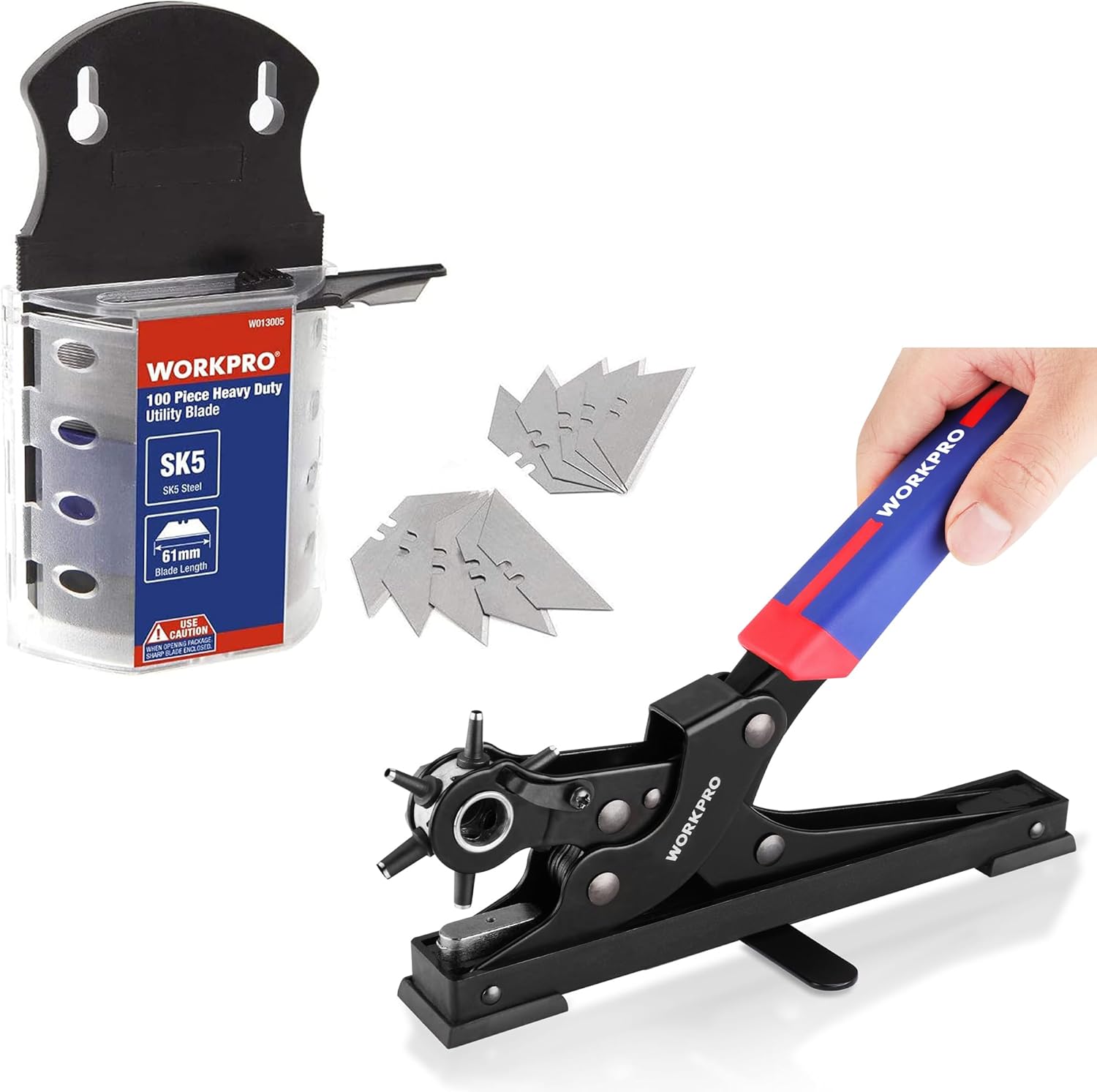 WORKPRO Utility Knife Blades and Desktop Leather Hole Punch Set