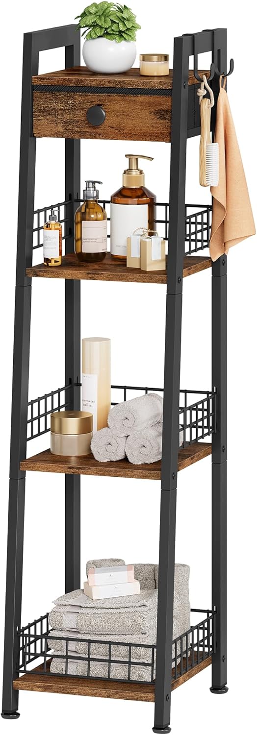 4-Tier Narrow Ladder Shelf with Drawer, Bathroom Table Stand for Small Space, Narrow Bathroom Standing Shelves with Storage for Living Room Bedroom Kitchen, Organizer Shelf, Rustic Brown
