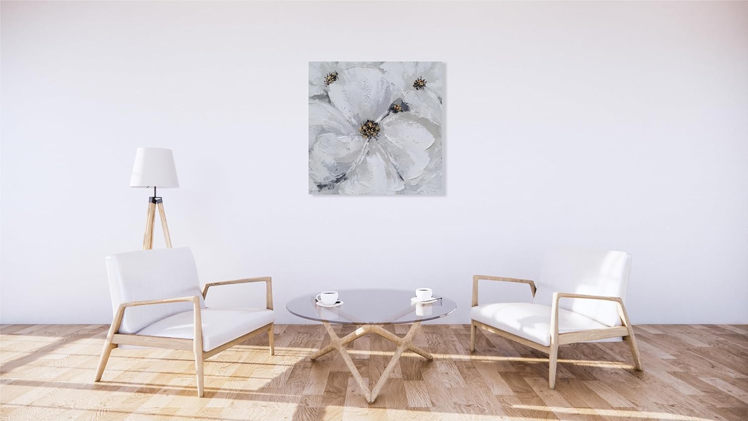 SYGALLERIER Abstract Flower Wall Art - Gray and White Floral Oil Painting with Gold Foil Embellishments - Handmade Canvas Wall Art 24x24 Inch