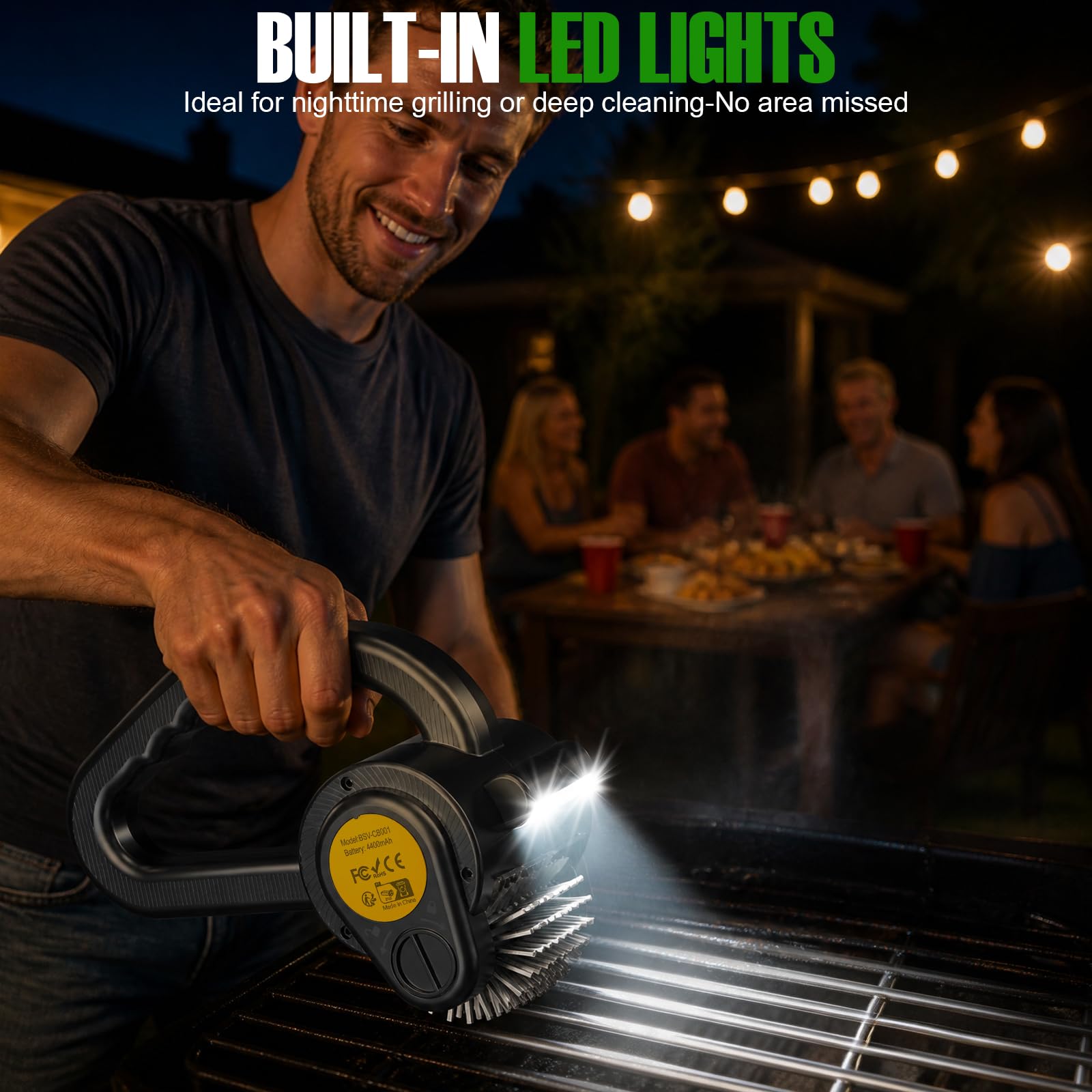 Cepillo eléctrico para parrilla al aire libre, limpiador de parrilla recargable de 4400 mAh con luz LED/pantalla, cepillo de limpieza inalámbrico de 150 minutos de tiempo de funcionamiento para