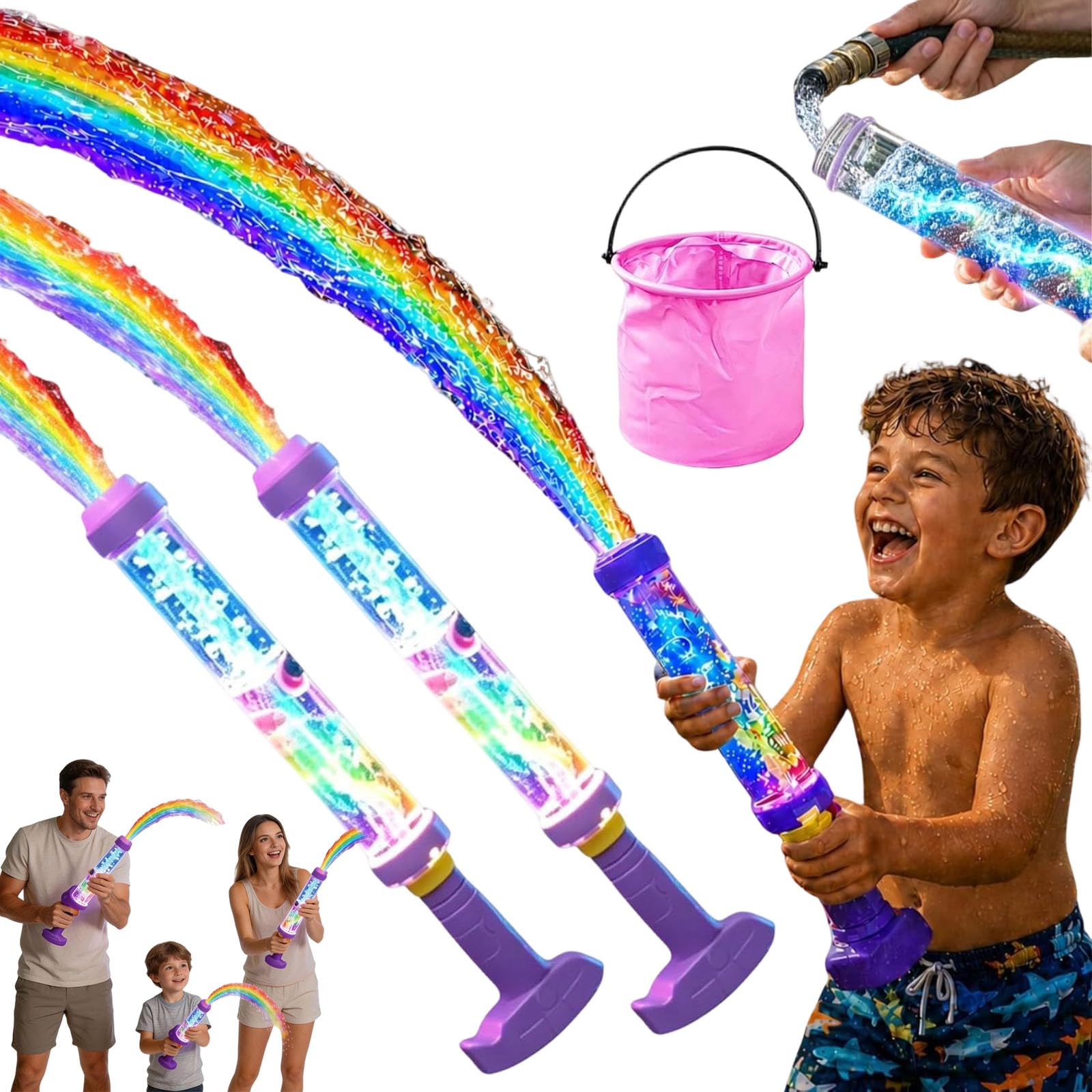 2026 New Glowing Rainbow LED Water Blaster | Summer Fun That Pops like Magic, Glowing Rainbow Water Blaster, Pull Push Firework Waters Blasters, For Pool Parties and Outdoor Activities (2PCS)