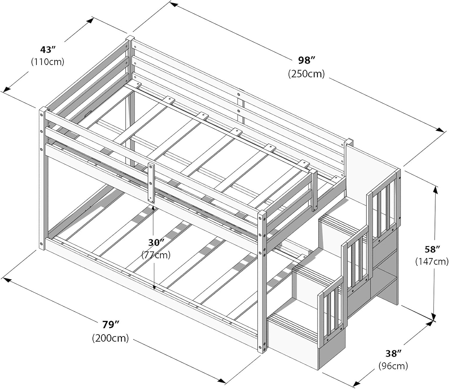 Grain & Grove Bear Twin Over Twin Bunk Bed with Staircase, Low Bunk Bed Frame for Kids, Bunk with Ladder, Guardrail, and Slats, No Box Spring Required, Brushed White