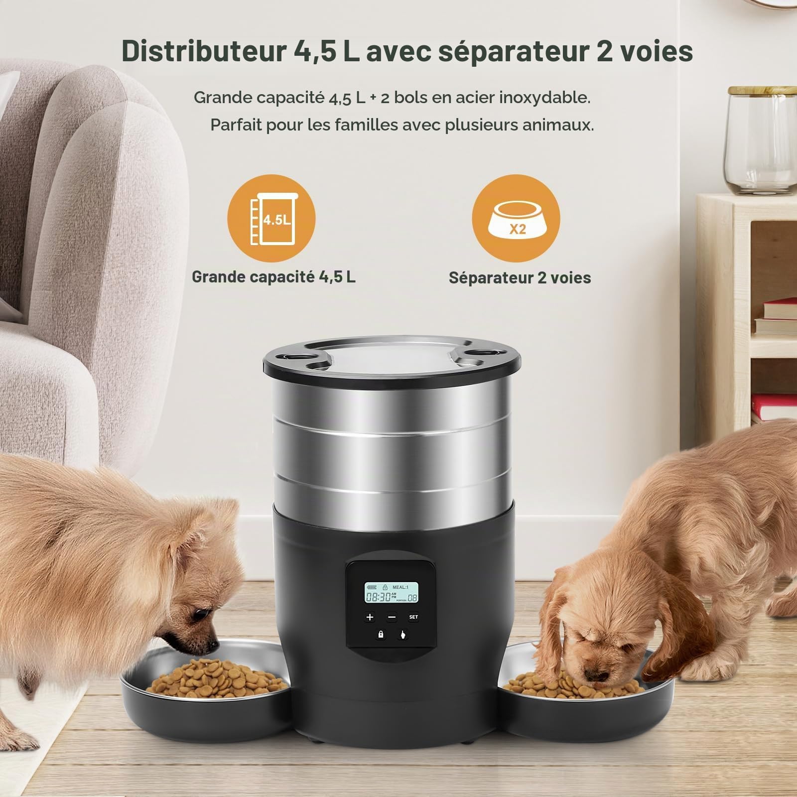 Distributeur Croquettes Chat Automatique Double,INOX Distributeur Croquettes Chien avec 2 Bols,Inoxydable Gamelle Electronique,par Jour Alimentation Personnalisé Distributeur Automatique (Bouton)