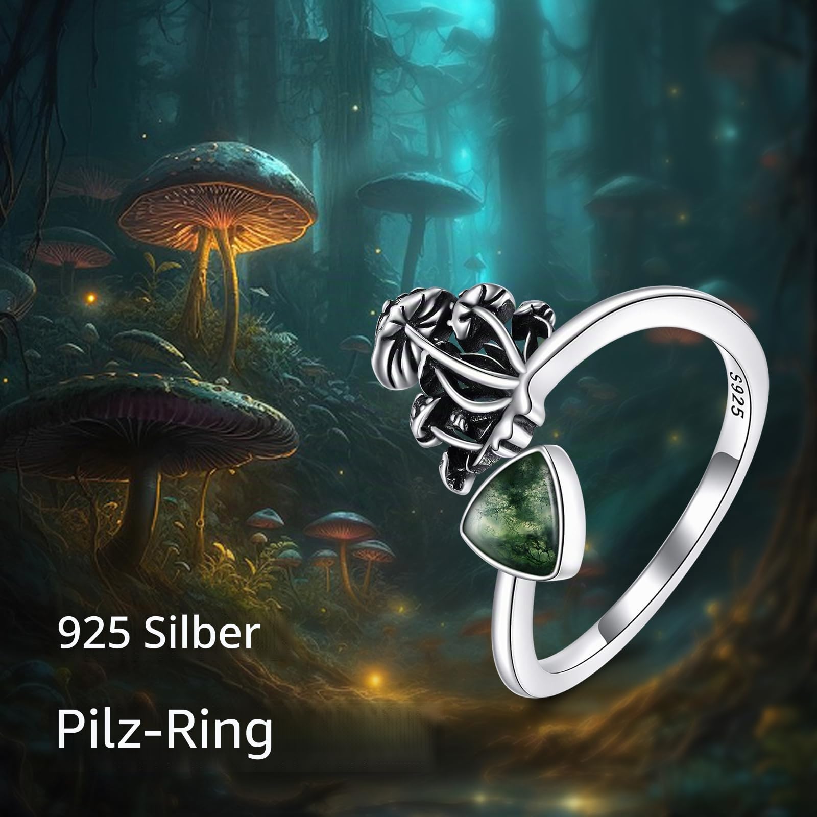 YFN Pilz Ring 925 Sterling Silber Moosachat Pilz verstellbarer Ring Pilz Schmuck für Damen Mädchen antike Pilz Geschenke für Mutter