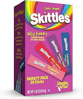 Skittles Singles To Go Variety Pack, Watertok Powdered Drink Mix, Zero Sugar, Low Calorie, Includes 4 Flavors, 1 Box (20 Single Servings) (Wild Berry)