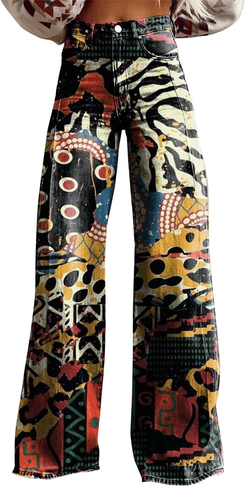 GenericLeather Leggings Women's Vintage Flower Print Casual Wide Leg Pants Pans para Mujer