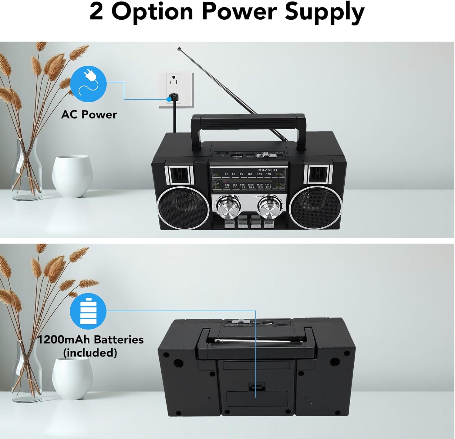 Portable Radio with Bluetooth Speaker, AM FM SW Digital Radio Recorder, Built in Rechargeable Battery, Dual 5W Drivers, Support TF Card & USB Playing, for Home, Outdoor (Black)