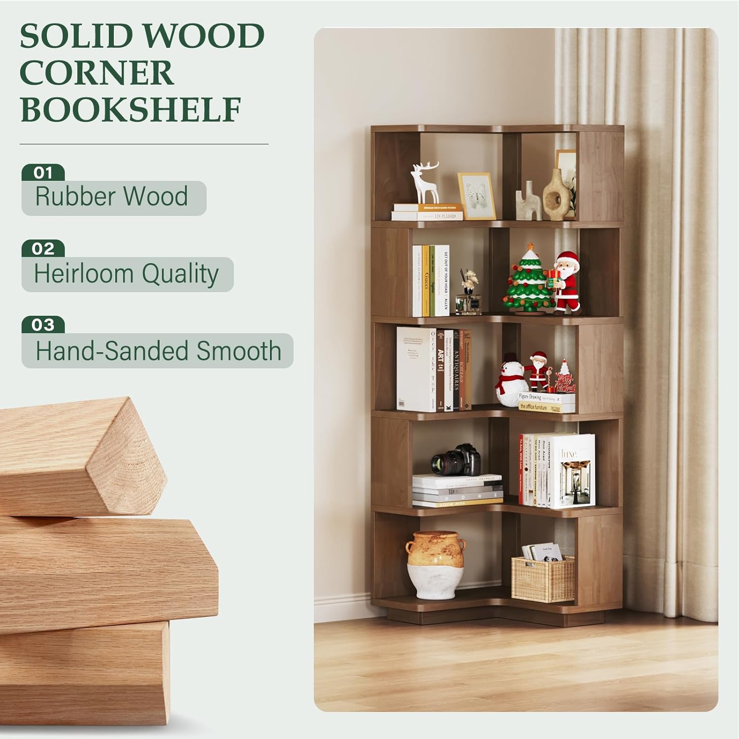 Wooden 5 Tier L-Shaped Corner Bookshelf - 65" Tall Solid Wood Corner Book Shelves for Space Saving, Bookcase Open Display Shelf with Baffle for Home Office, Living Room, Bedroom, Kitchen, Walnut