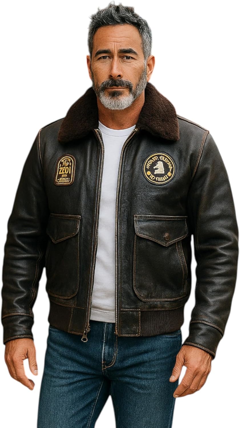 Men's Leather Bomber Aviator Detachable Sheepskin Collar G-1 Pilot Jacket