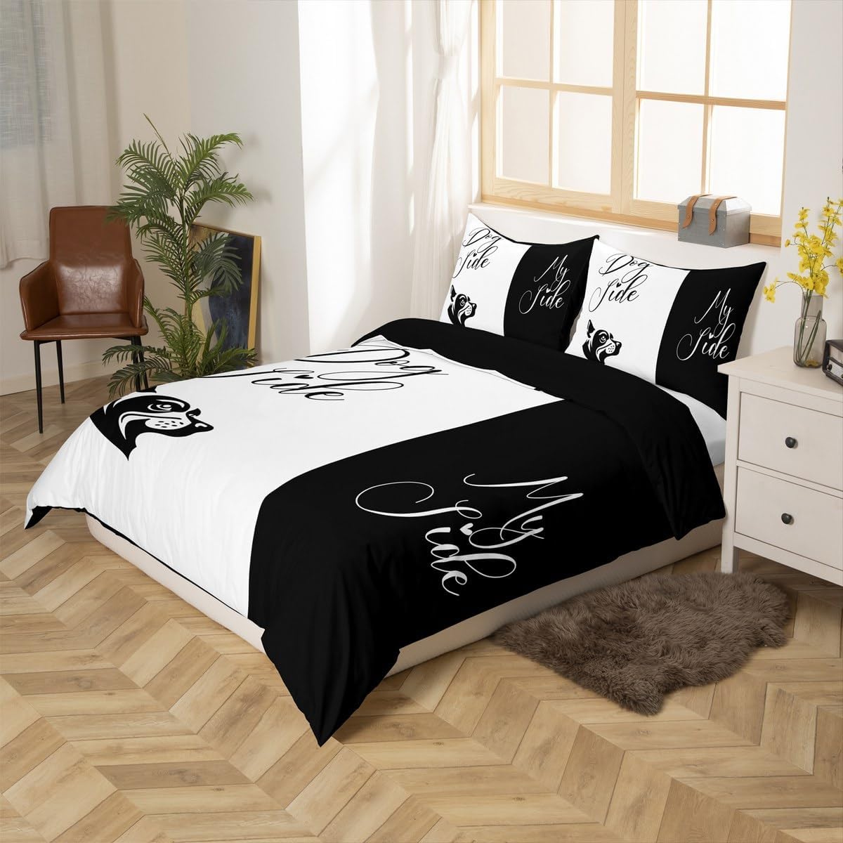 Erosebridal Dog Side My Side Comforter Cover Full Size Black White Duvet Cover Microfiber Romantic Love Bedding Set Valentine's Day Wedding Anniversary Quilt Cover Room Decor with 2 Pillow Cases