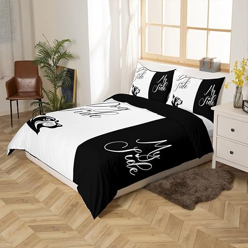 Miniatura 9 de Juego de funda de edredón para parejas, juego de ropa de cama romántica con texto en inglés "His Side Her Side", funda de edredón romántica para