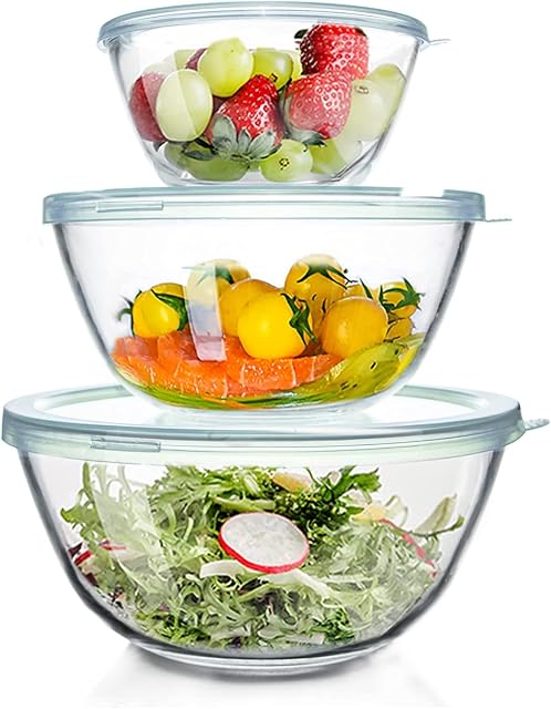 Luvan High Borosilicate Glass Mixing Salad Bowls with Lids Set of 3,4.5QT,2.7QT,1.1QT, Large Kitchen Nesting Bowls, Great for Food Storage, Cooking, Baking,Prepping,Dishwasher and Microwave Safe-3PCS