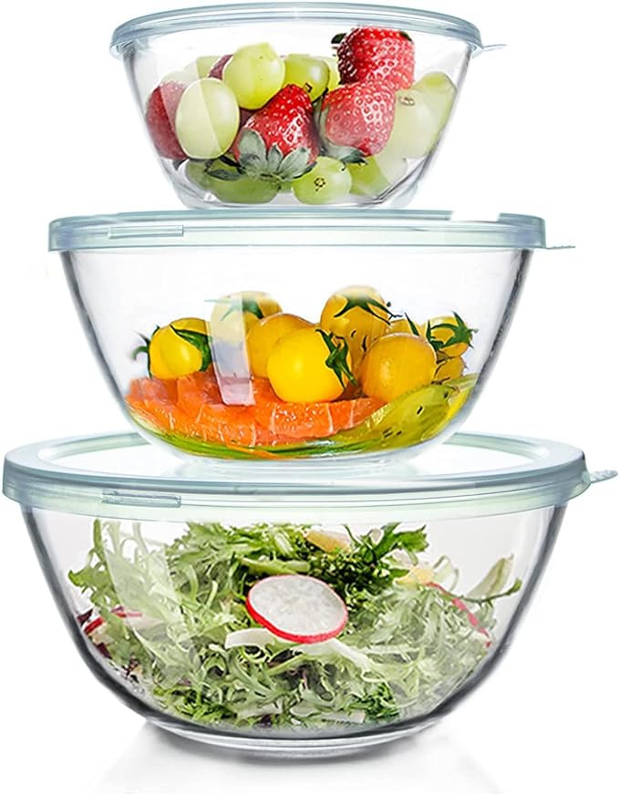 Luvan High Borosilicate Glass Mixing Salad Bowls with Lids Set of 3