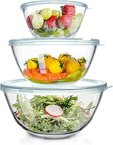Luvan High Borosilicate Glass Mixing Salad Bowls with Lids 3 Piece(4.5QT,2.7QT,1.1QT),Large Kitchen Nesting Bowls with Airtight Lids Great for Food Storage, Cooking, Baking, Prepping -Clear
