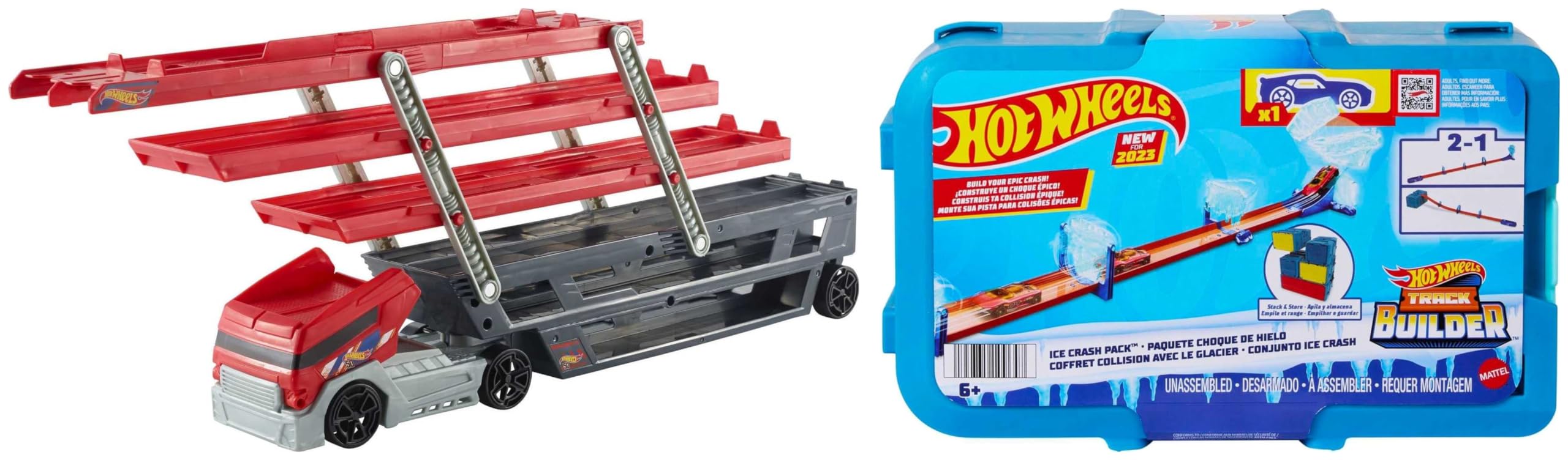 ​Hot Wheels® Track Set with 1 Hot Wheels® Car, with 10 Track Pieces in a Modular and Stackable Storage Box​​ & Plastic Mega Hauler Truck, Stores More Than 50 Cars, Multicolor, 4Y