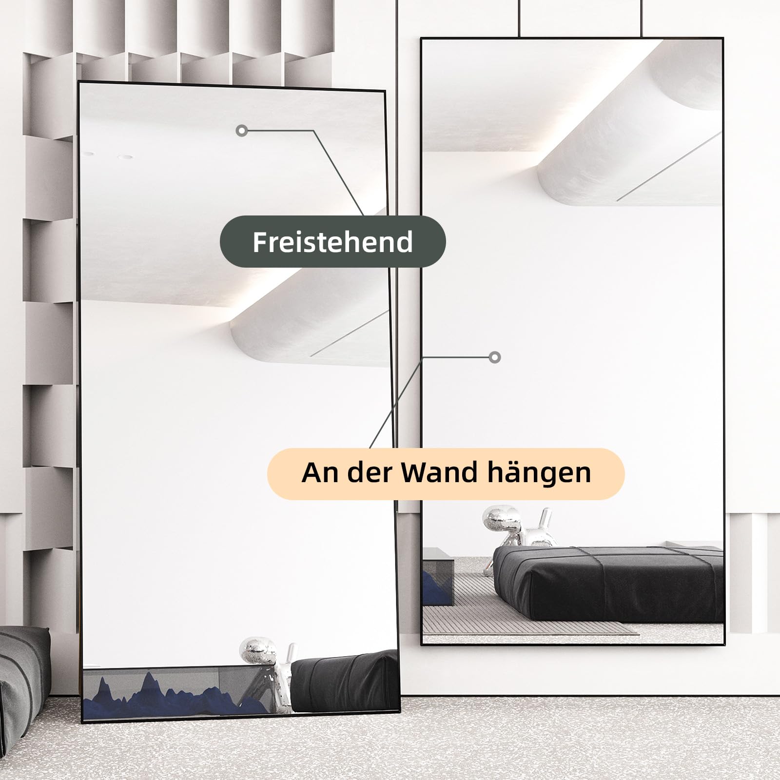 Ganzkörperspiegel Standspiegel 200x100cm mit Schwarz MetallrahmenBodenspiegel HD Spiegel Groß Wandspiegel mit Haken für Wohn-, Schlaf- und Ankleidezimmer