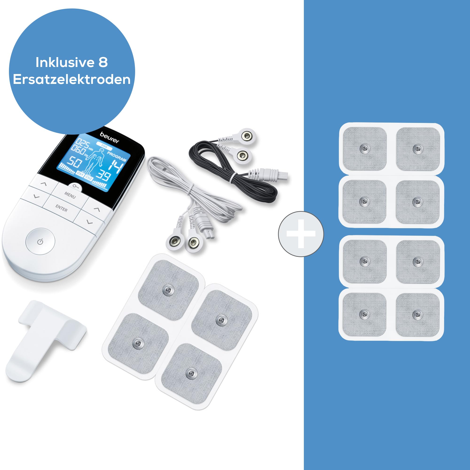 Beurer EM 49 Digital TENS/EMS, 3-in-1 Reizstromgerät, elektrische Nervenstimulation zur Schmerzlinderung und Muskelstimulation, Massagefunktion, inklusive Nachkaufset bestehend aus 8 Elektroden