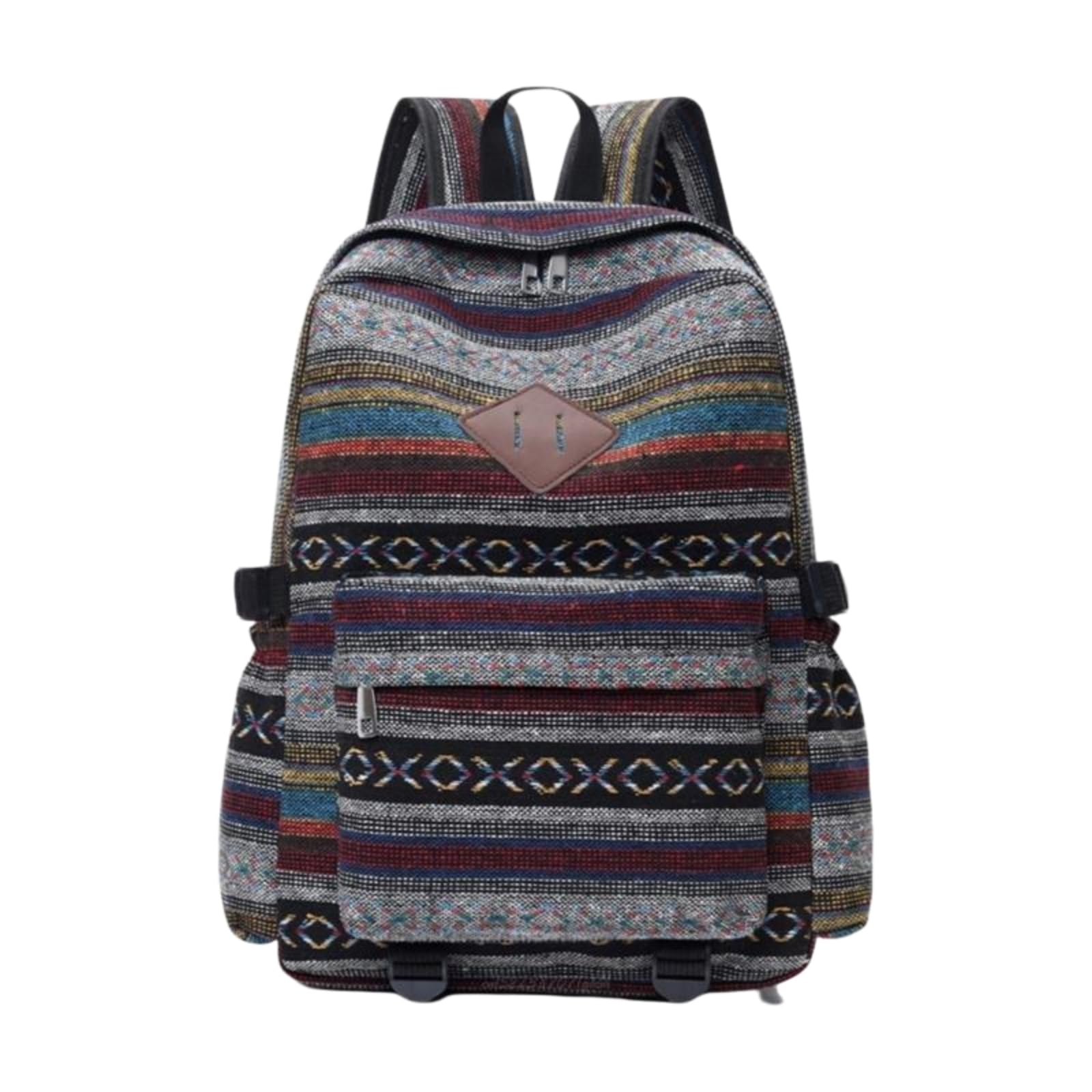 Zaino da Viaggio Etnico Tessuto in Pelle Patch Tasca Anteriore Regolabile Cinturine Fibbia Laterale-Khaki