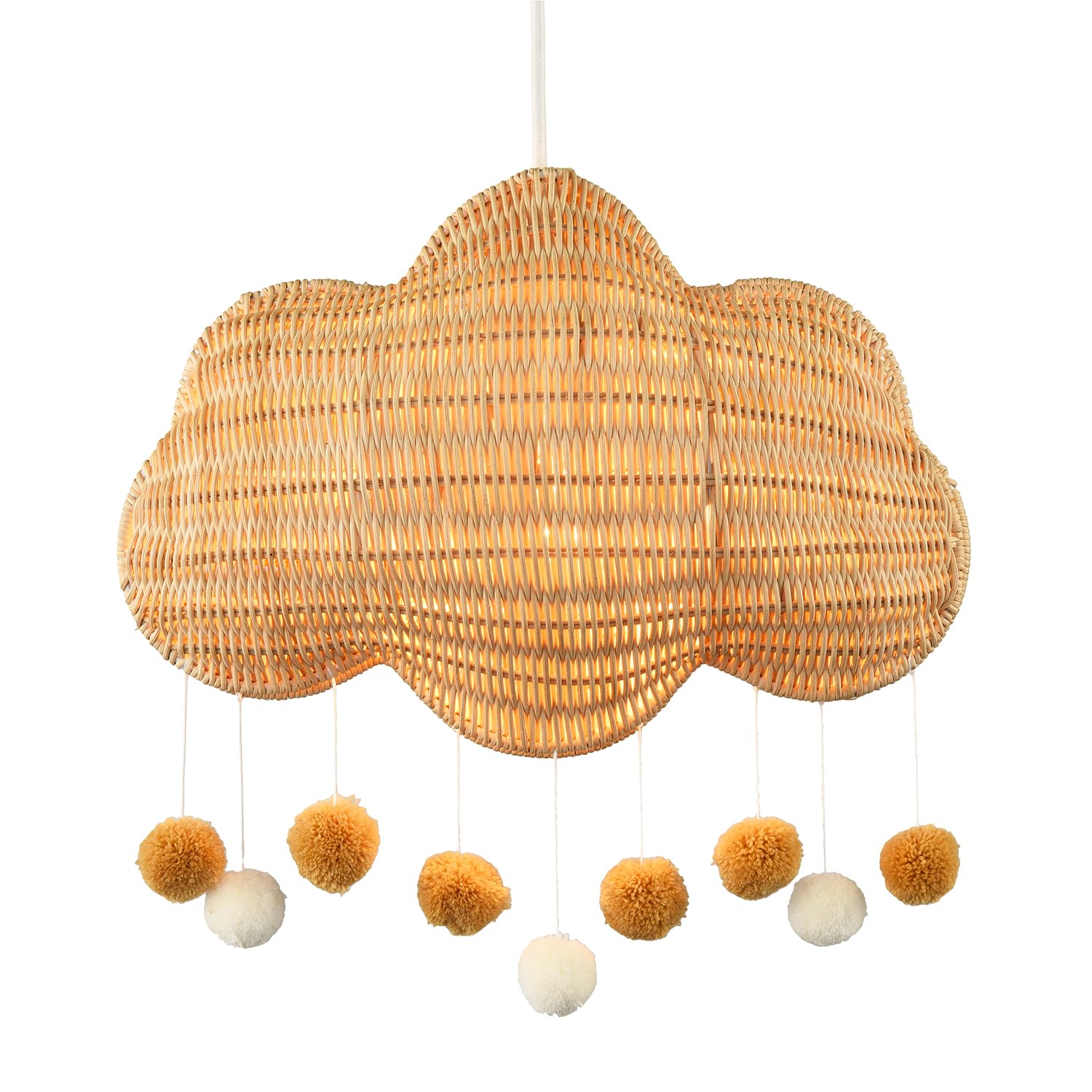 Rackhams Light Cloud Shaped Childrens Rattan Pendant Shade With Pom Pom Balls