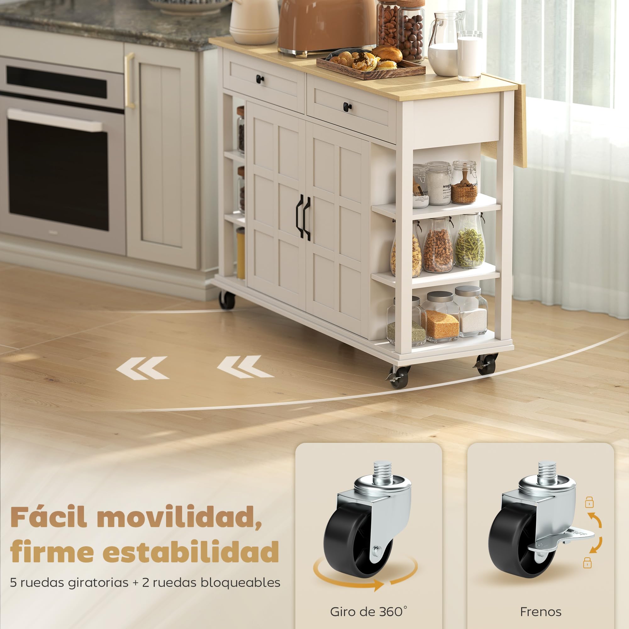 HOMCOM Isla de Cocina con Ruedas, Encimera Plegable, Carro de Cocina con 2 Puertas con Cierre Suave, 2 Cajones, 6 Estantes Abiertos, Blanco