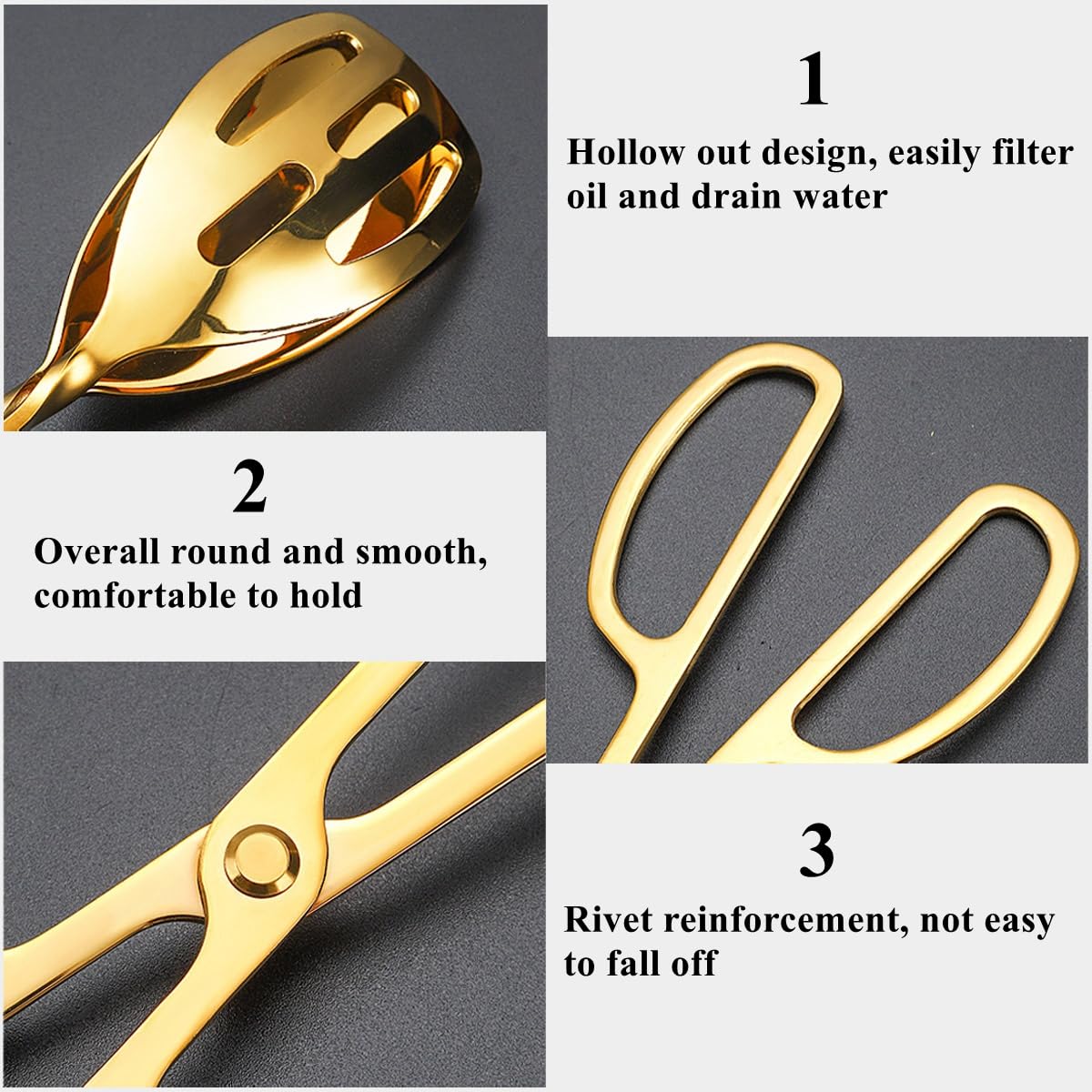 Lot de 2 pinces à salade en acier inoxydable de 25,4 cm pour cuisine, service et restauration, ustensiles pour steak, barbecue, buffet (doré)