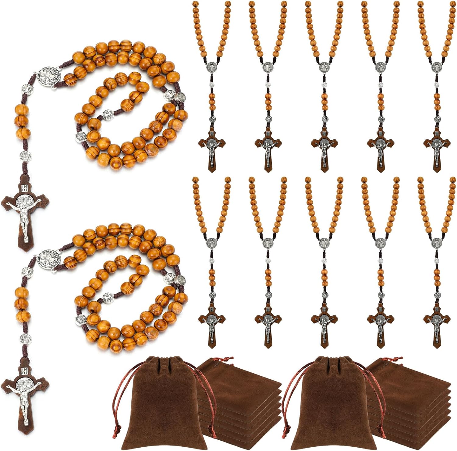 12 Set Wooden Bead Rosary Necklace Catholic Rosary Wood Carved Solid Beads with Jesus Cross Our Father with Velour Gift Pouch Baptism Favors Catholic Gift(Coffee)
