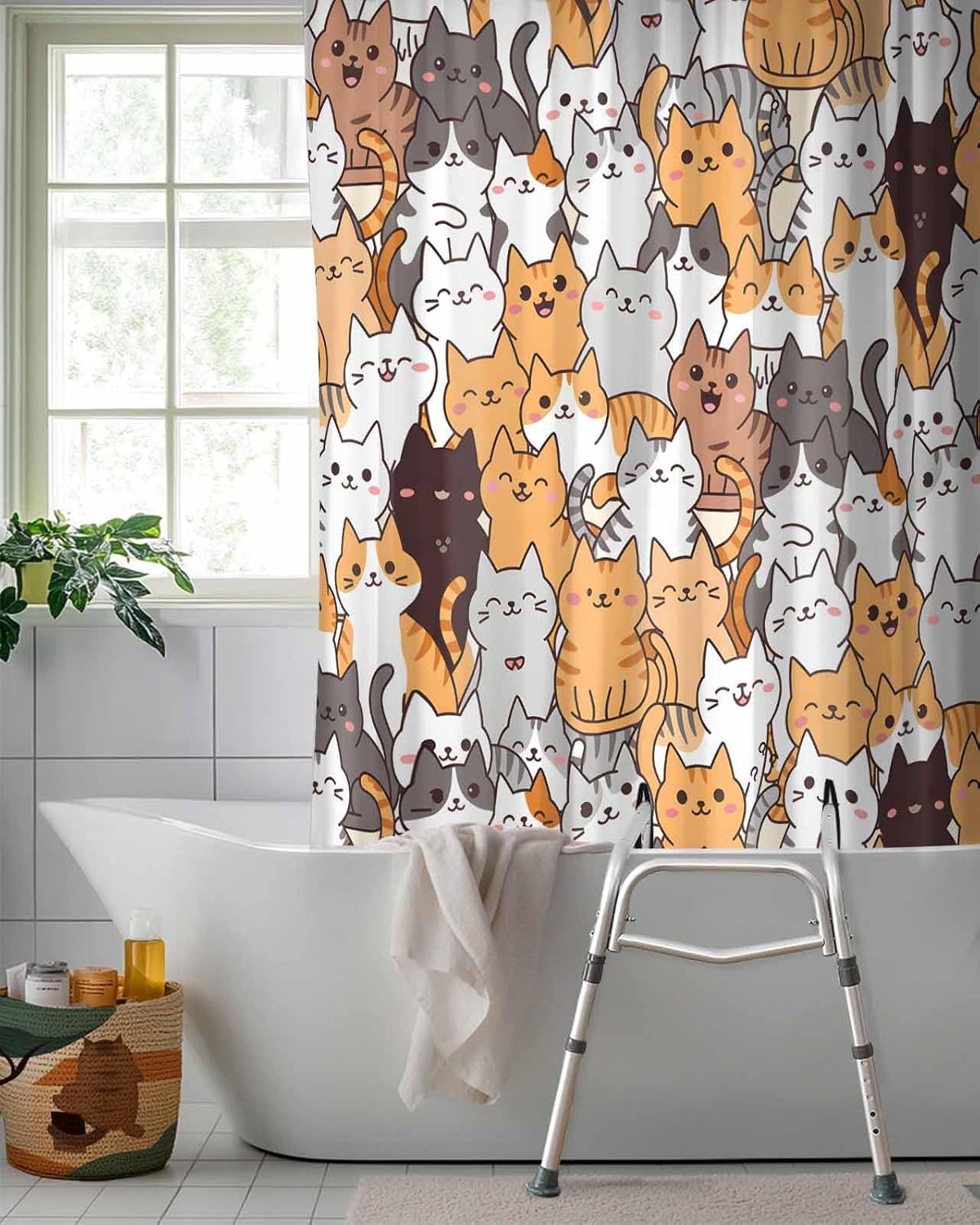 Animal Split Shower Curtain for Transfer Bench, Cartoon Blush Cats Bathroom Curtain for Bathtub Transfer Chair 72x72 Inch Shower Curtain Set with Hooks and 2 Vertical Slits