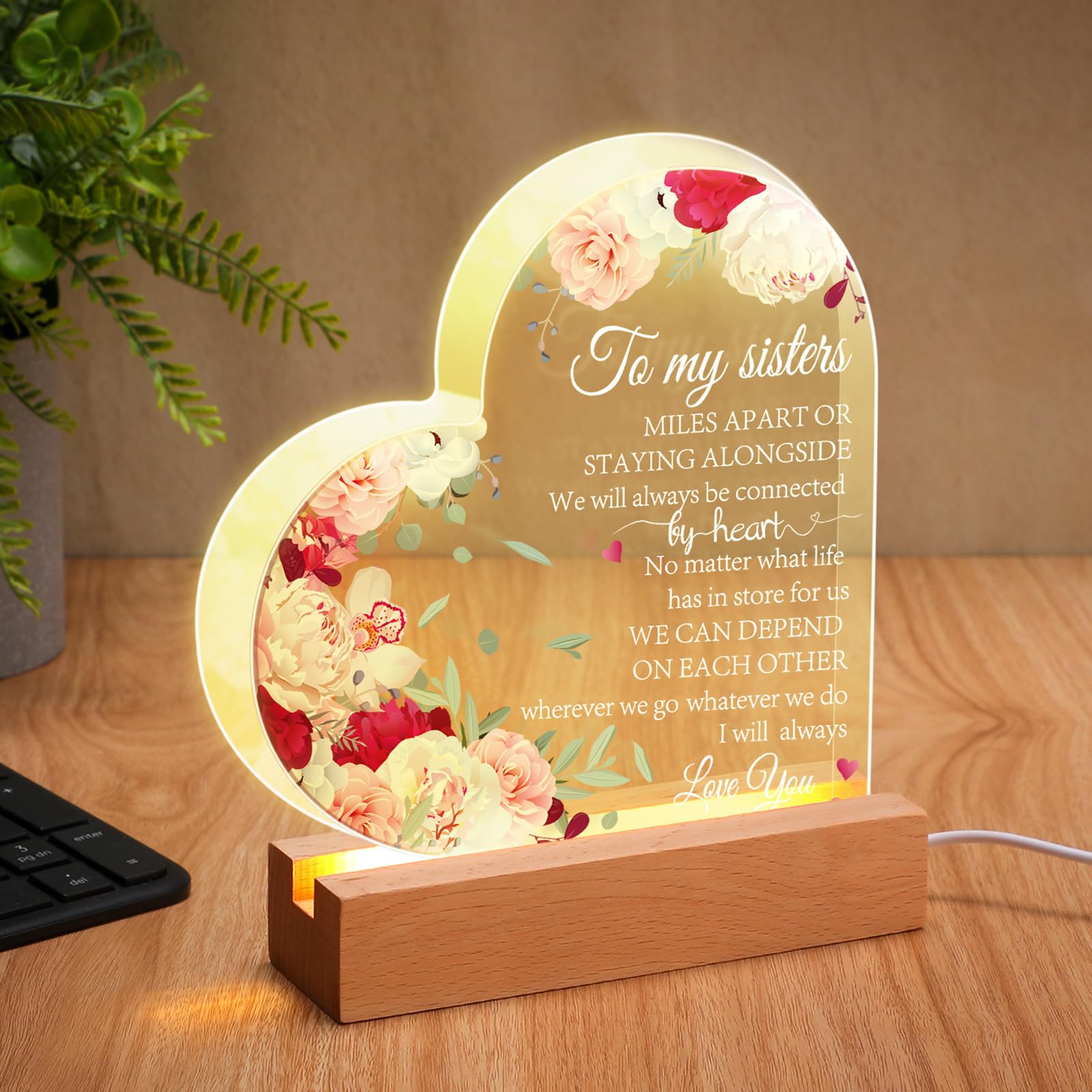 Soaoo Thank You Gift for Mom Sister Appreciation Gifts for Mom Sister Acrylic Heart Night Lights USB Night Lamp Keepsake Christmas Home Decoration Birthday Gift, 6 Inch(Sister)