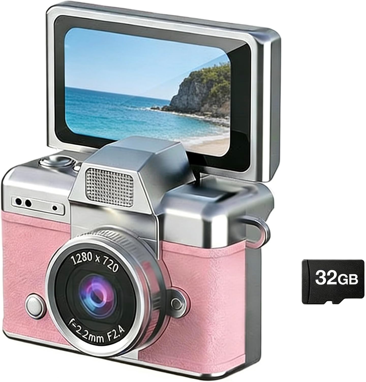 1.47" Flip Screen Mini Camera - 1080P HD, 32GB Card, Built-in Flash, Retro Keychain Camera for Travel, Concerts, Fashion Accessory & Adult Gift (Pink)