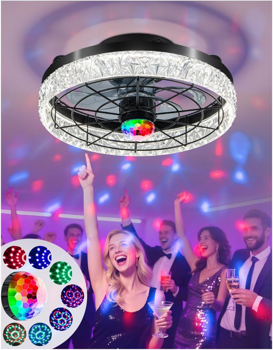 Disco Ceiling Fans with Lights,7 Color Disco Ball Modes, Flush Mount Low Profile Ceiling Fan with Light and Remote Control Dimmable 3 Color Reversible Motor 6 Speeds for Bedroom Living Room Party