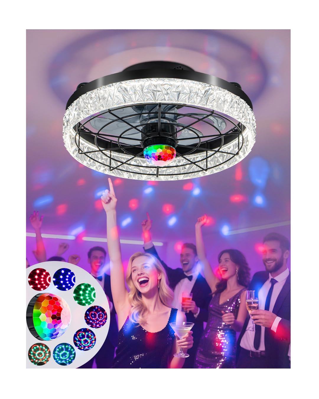 Disco Ceiling Fans with Lights 7 Color Disco Ball Modes Flush Mount Low Profile Ceiling Fan with Light