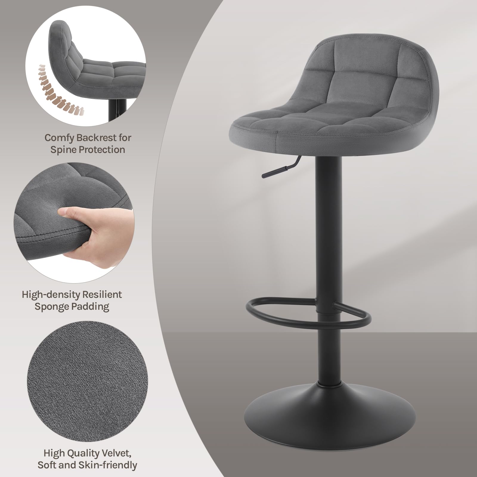 WOLTU Barhocker 2er Set, mit Rückenlehne, Samt, Dunkelgrau | Barstuhl mit Fußstütze, höhenverstellbar (60-82cm), 360° Drehstuhl, für Küche, Bar Metall