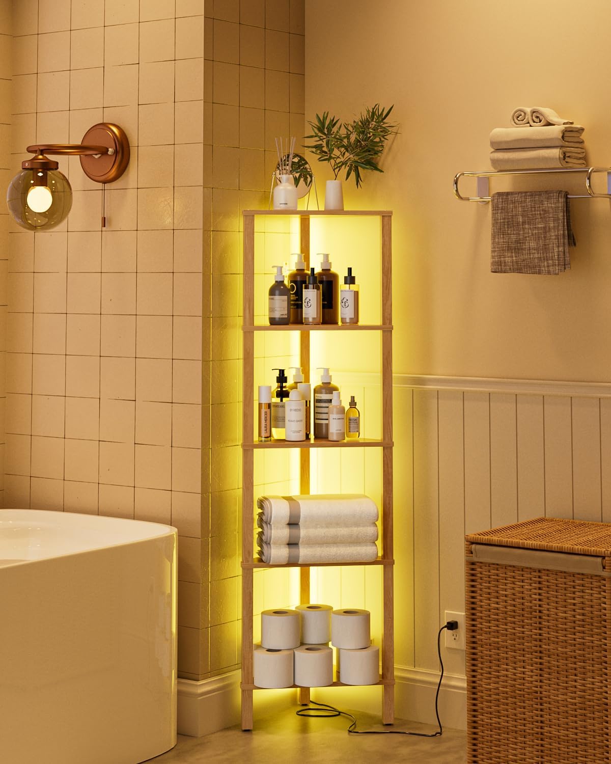 Corner Shelf with LED Light, 5-Tier Corner Bookshelf, Narrow Display Shelf with Storage Rack,Wood Corner Book Shelf for Living Room, Bedroom, Office, Oak