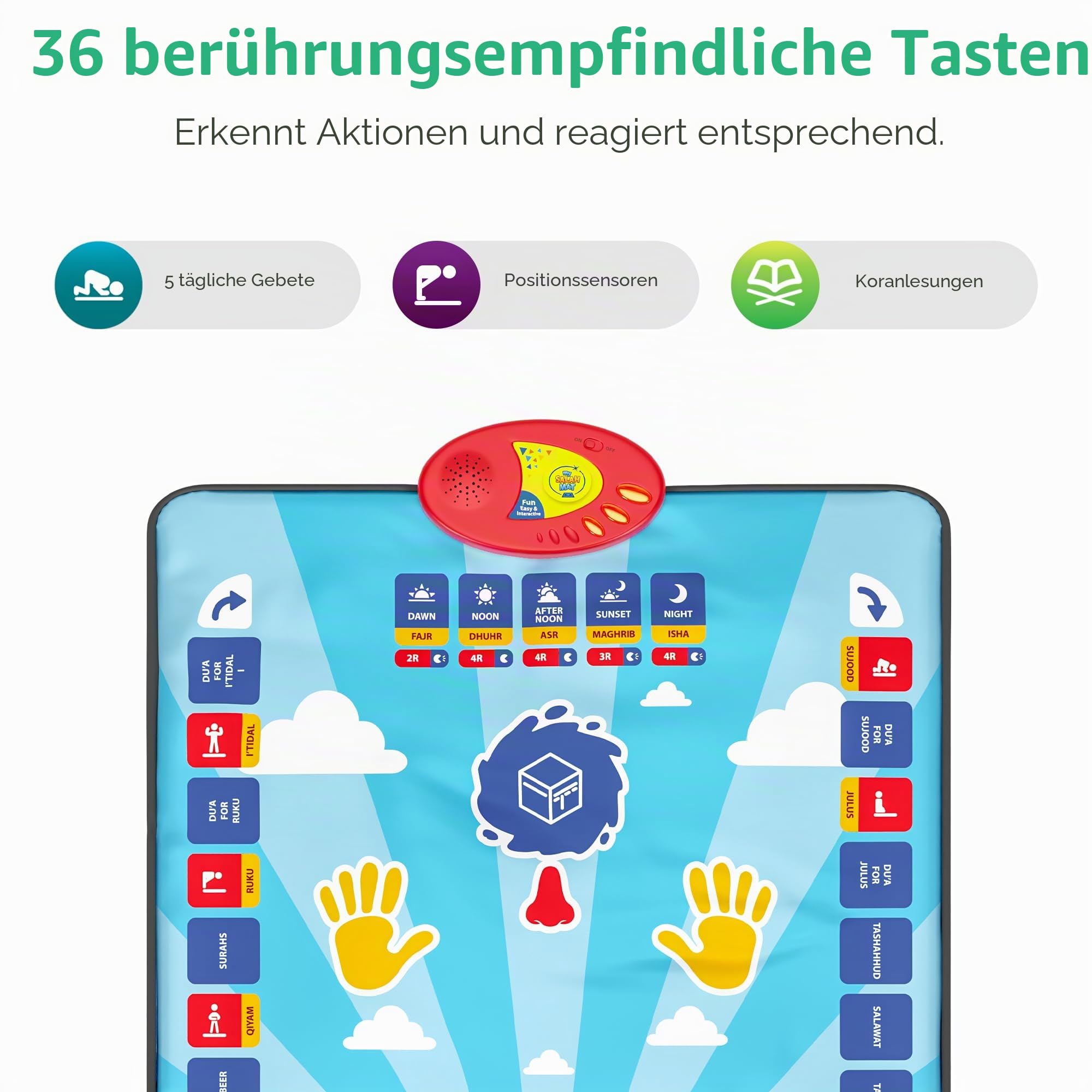 My Salah Mat Für Kinder – Intelligente interaktive Gebetsmatte zum Lernen von Salah, Sura, Wudu und Duas – islamische Gebetsmatte mit 10 Sprachen, Salah-Übersetzung, 25 Touch-Tasten und gepolsterter