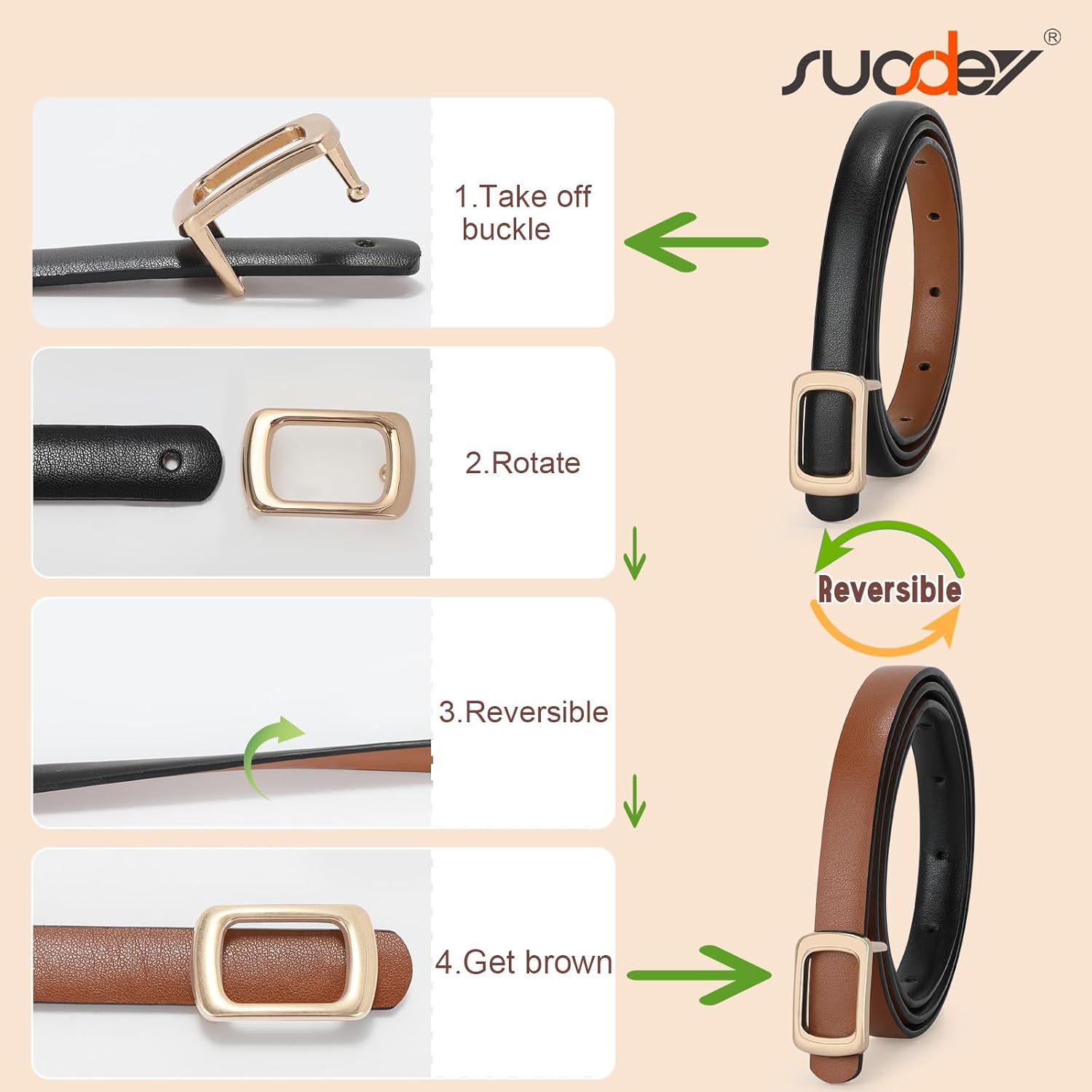 SUOSDEY 2 Pack Women Reversible Thin Leather Belts for Dresses Skinny Waist Belts for Jeans Pants, 0.6" Width - Image 5