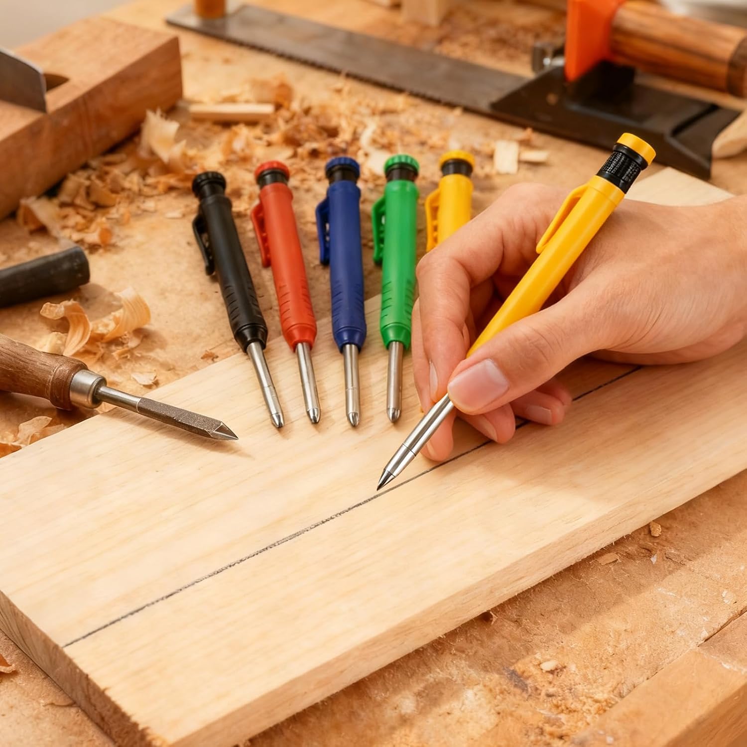 12 Pcs Solid Carpenter Pencils with Built in Sharpener Long Nosed Deep Hole Mechanical Pencil Marker Construction with 72 Pcs 2.8mm Refills for Drafting Architect Tool Woodworking image 4
